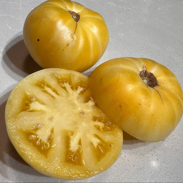 Yellow tomatoes on a light gray surface, one sliced open.